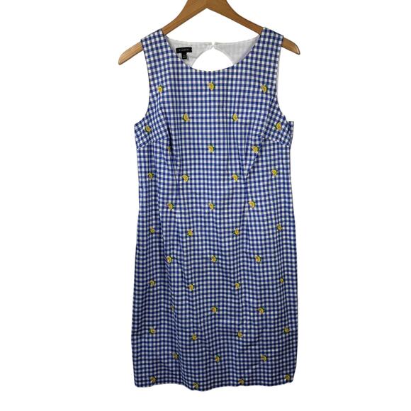 Talbots Dress Women 6 Blue Plaid Gingham Lemon Embroidery 100%Cotton Prep Shift - Picture 1 of 8